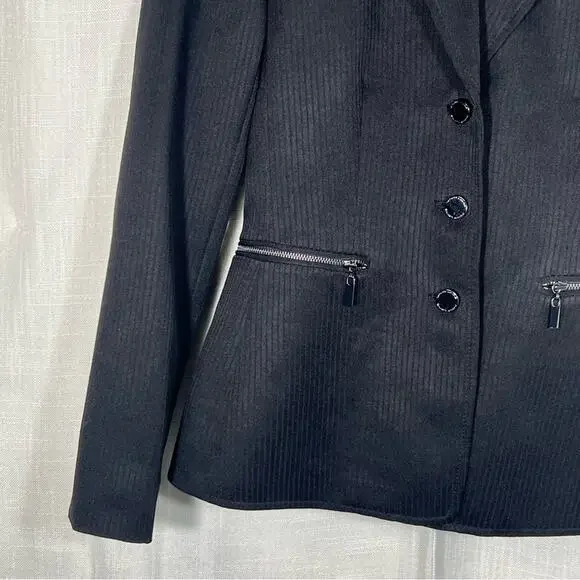 Tahari ASL Black Shadow Striped Button Front Zipper Pocket Blazer Jacket SZ 0P - Picture 2 of 7